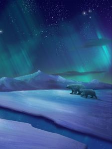 Preview wallpaper northern lights, polar bears, bears, ice, cranny, art