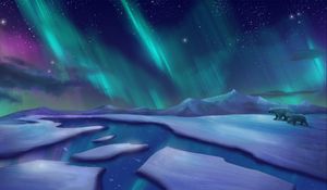 Preview wallpaper northern lights, polar bears, bears, ice, cranny, art