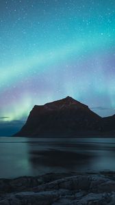 Preview wallpaper northern lights, rocks, sea, night, nature