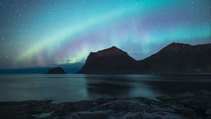 Preview wallpaper northern lights, rocks, sea, night, nature