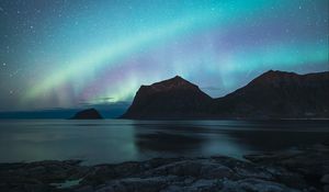 Preview wallpaper northern lights, rocks, sea, night, nature