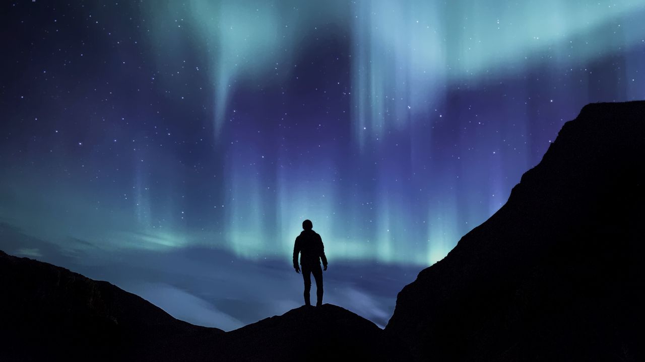 Wallpaper northern lights, silhouette, mountains, starry sky, phenomenon