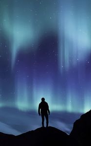 Preview wallpaper northern lights, silhouette, mountains, starry sky, phenomenon