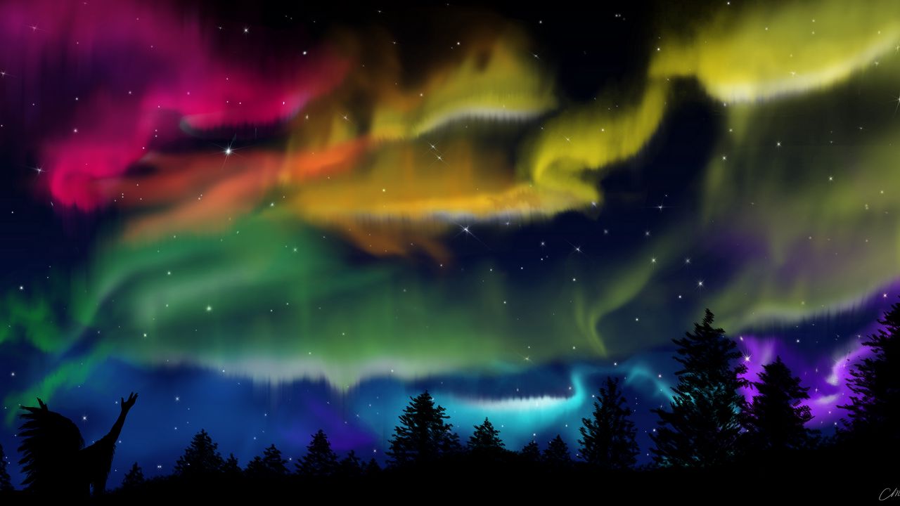 Wallpaper northern lights, silhouette, shaman, forest, sky, night
