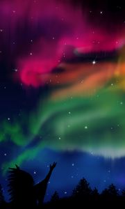 Preview wallpaper northern lights, silhouette, shaman, forest, sky, night