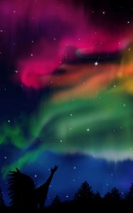 Preview wallpaper northern lights, silhouette, shaman, forest, sky, night