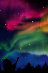 Preview wallpaper northern lights, silhouette, shaman, forest, sky, night