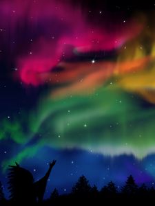 Preview wallpaper northern lights, silhouette, shaman, forest, sky, night