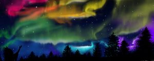 Preview wallpaper northern lights, silhouette, shaman, forest, sky, night