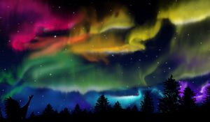 Preview wallpaper northern lights, silhouette, shaman, forest, sky, night