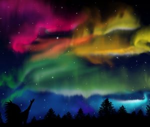 Preview wallpaper northern lights, silhouette, shaman, forest, sky, night