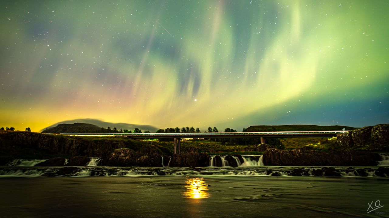 Wallpaper northern lights, sky, night, stars, bridge