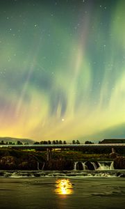 Preview wallpaper northern lights, sky, night, stars, bridge