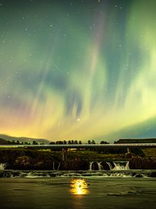 Preview wallpaper northern lights, sky, night, stars, bridge