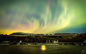 Preview wallpaper northern lights, sky, night, stars, bridge