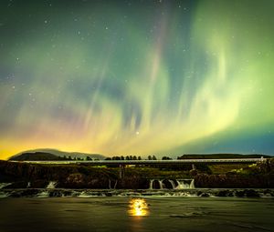 Preview wallpaper northern lights, sky, night, stars, bridge