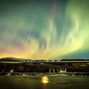 Preview wallpaper northern lights, sky, night, stars, bridge