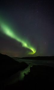 Preview wallpaper northern lights, starry sky, hills, river, night