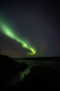 Preview wallpaper northern lights, starry sky, hills, river, night