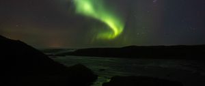 Preview wallpaper northern lights, starry sky, hills, river, night