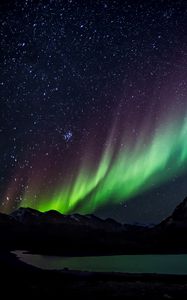 Preview wallpaper northern lights, starry sky, mountains, lake, night