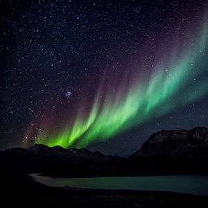 Preview wallpaper northern lights, starry sky, mountains, lake, night