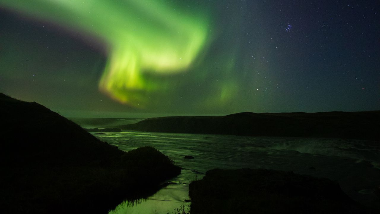 Wallpaper northern lights, starry sky, night, river, hills