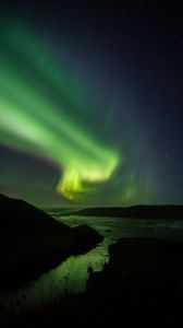 Preview wallpaper northern lights, starry sky, night, river, hills