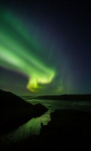 Preview wallpaper northern lights, starry sky, night, river, hills