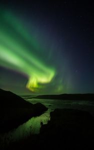 Preview wallpaper northern lights, starry sky, night, river, hills