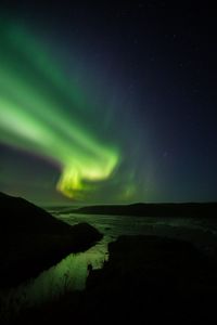 Preview wallpaper northern lights, starry sky, night, river, hills