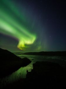 Preview wallpaper northern lights, starry sky, night, river, hills