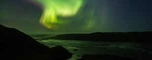 Preview wallpaper northern lights, starry sky, night, river, hills