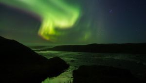 Preview wallpaper northern lights, starry sky, night, river, hills