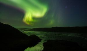 Preview wallpaper northern lights, starry sky, night, river, hills