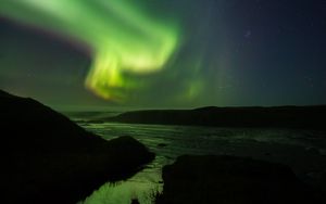 Preview wallpaper northern lights, starry sky, night, river, hills