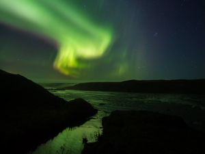 Preview wallpaper northern lights, starry sky, night, river, hills