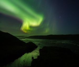 Preview wallpaper northern lights, starry sky, night, river, hills