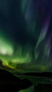 Preview wallpaper northern lights, starry sky, river, hills, night