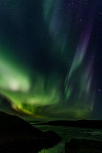 Preview wallpaper northern lights, starry sky, river, hills, night