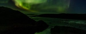 Preview wallpaper northern lights, starry sky, river, hills, night