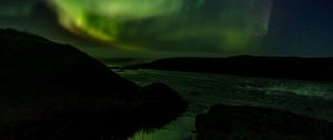 Preview wallpaper northern lights, starry sky, river, hills, night