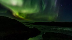 Preview wallpaper northern lights, starry sky, river, hills, night