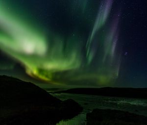 Preview wallpaper northern lights, starry sky, river, hills, night