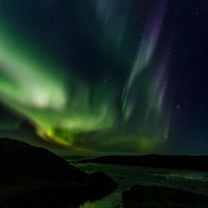 Preview wallpaper northern lights, starry sky, river, hills, night