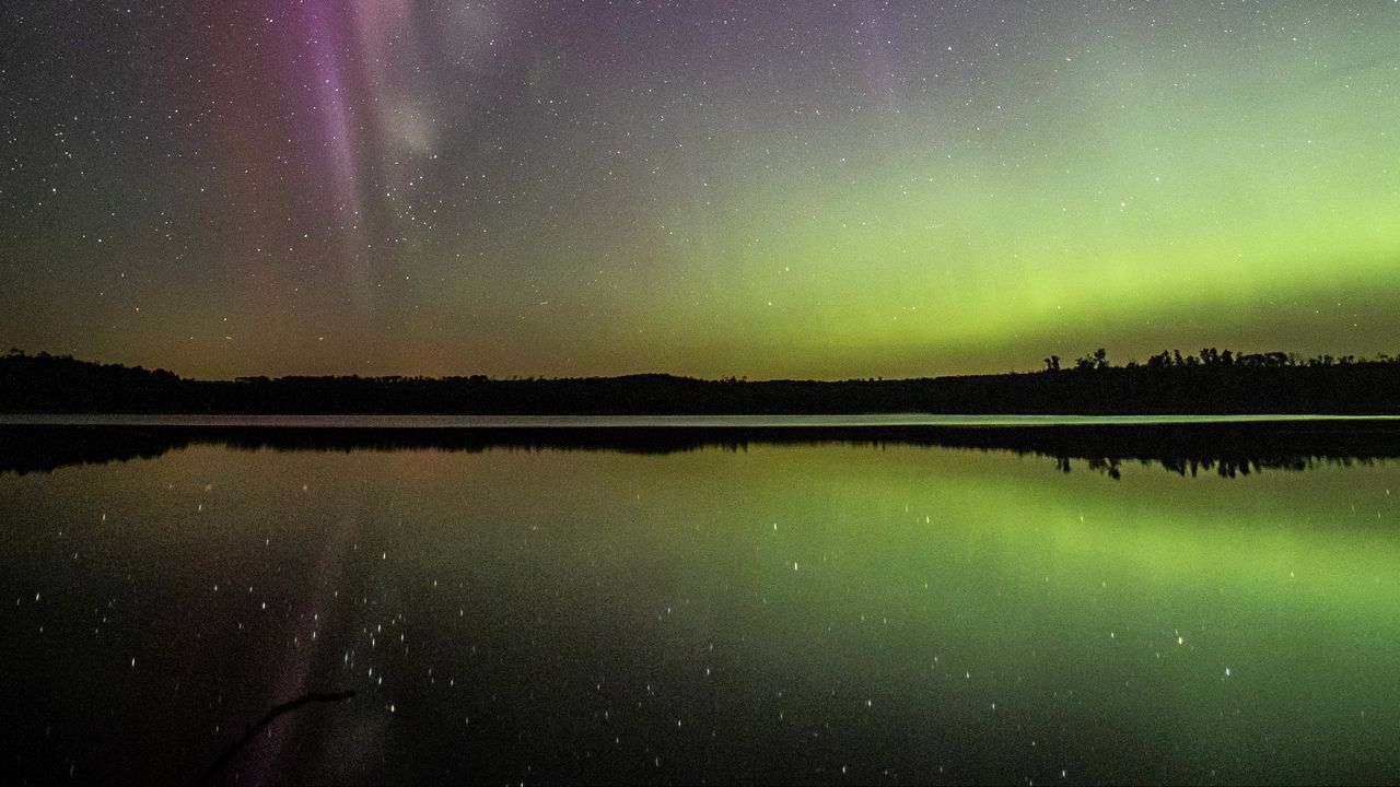 Wallpaper northern lights, stars, starry sky, lake, night