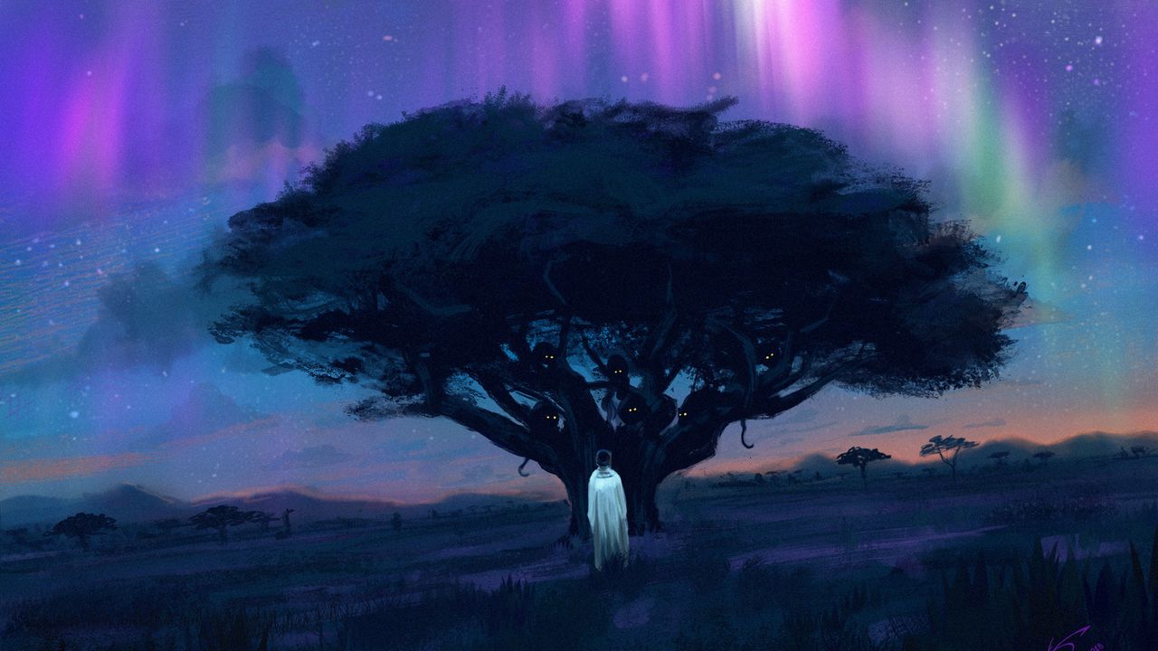 Wallpaper northern lights, tree, silhouette, night, dark, art