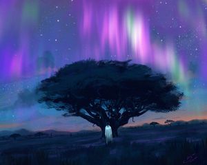 Preview wallpaper northern lights, tree, silhouette, night, dark, art