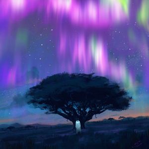 Preview wallpaper northern lights, tree, silhouette, night, dark, art