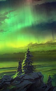 Preview wallpaper northern lights, trees, snowy, art